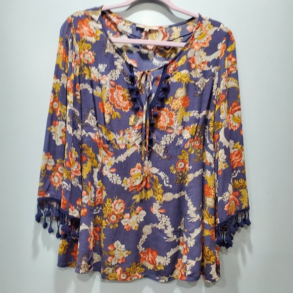 Miss Me Tops - Miss Me Floral Pom Pom Boho Top P064